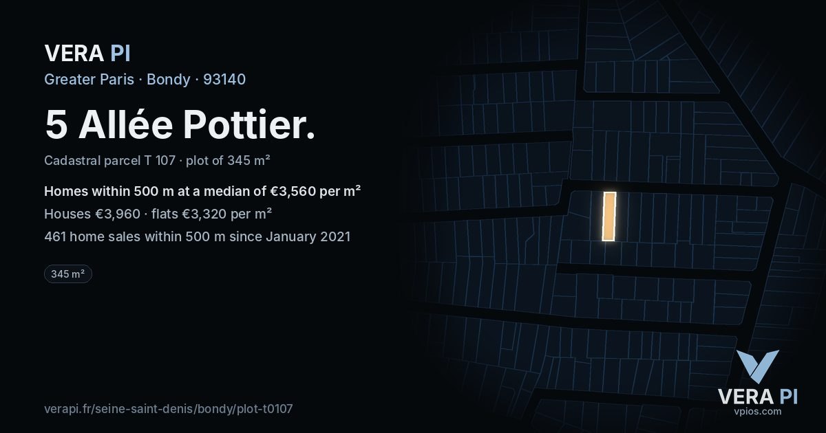 5 Allée Pottier, Bondy at night – the plot lit, the parcels around coloured by the prices near them