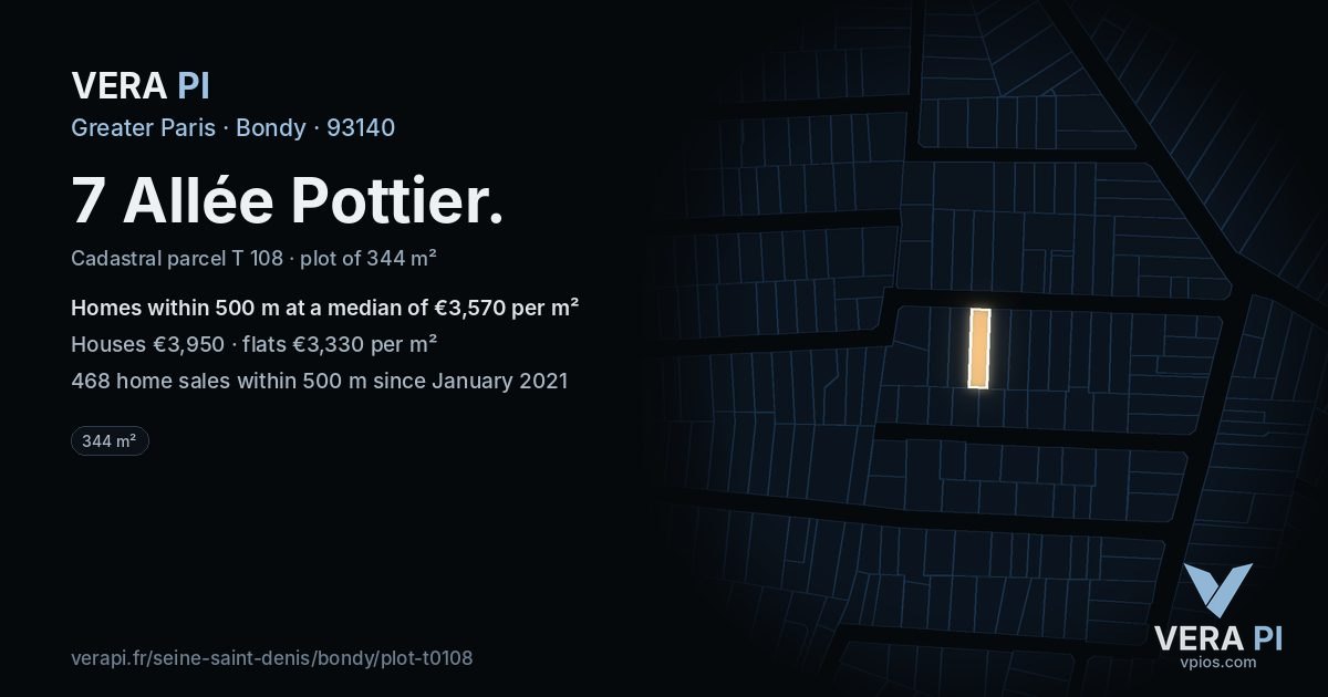 7 Allée Pottier, Bondy at night – the plot lit, the parcels around coloured by the prices near them
