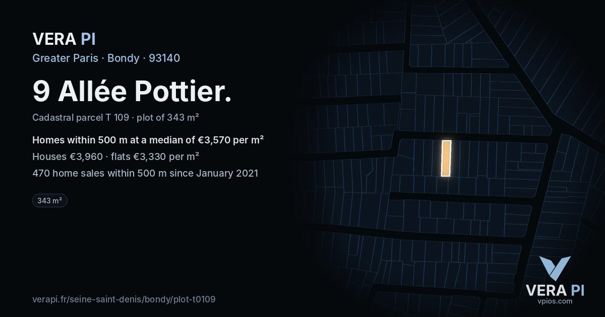 9 Allée Pottier, Bondy at night – the plot lit, the parcels around coloured by the prices near them