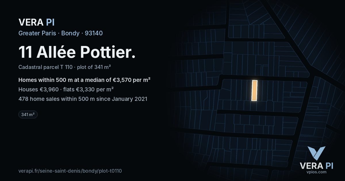 11 Allée Pottier, Bondy at night – the plot lit, the parcels around coloured by the prices near them