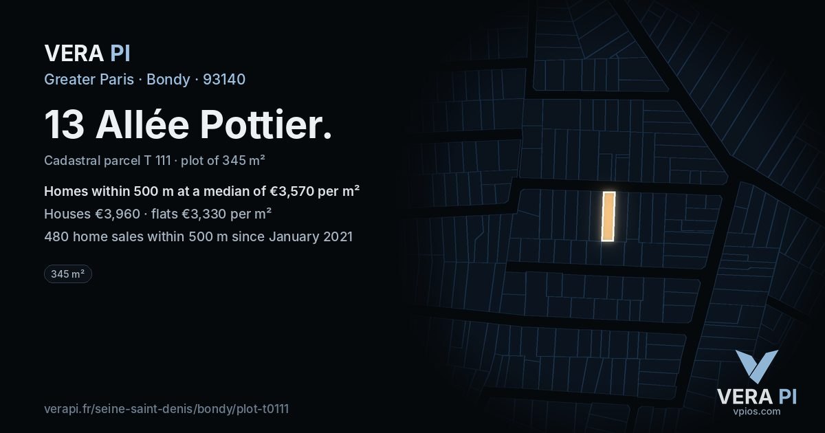 13 Allée Pottier, Bondy at night – the plot lit, the parcels around coloured by the prices near them
