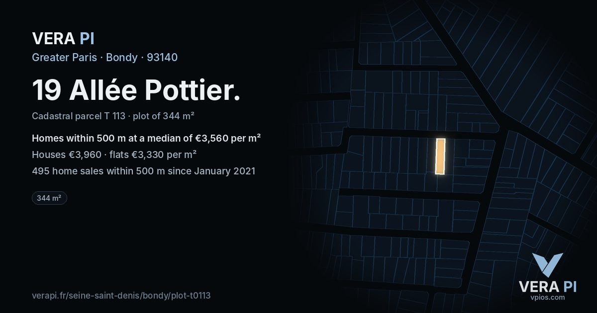 19 Allée Pottier, Bondy at night – the plot lit, the parcels around coloured by the prices near them