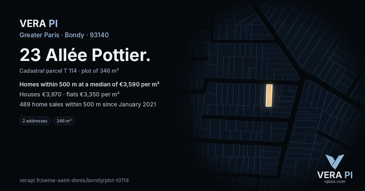 23 Allée Pottier, Bondy at night – the plot lit, the parcels around coloured by the prices near them