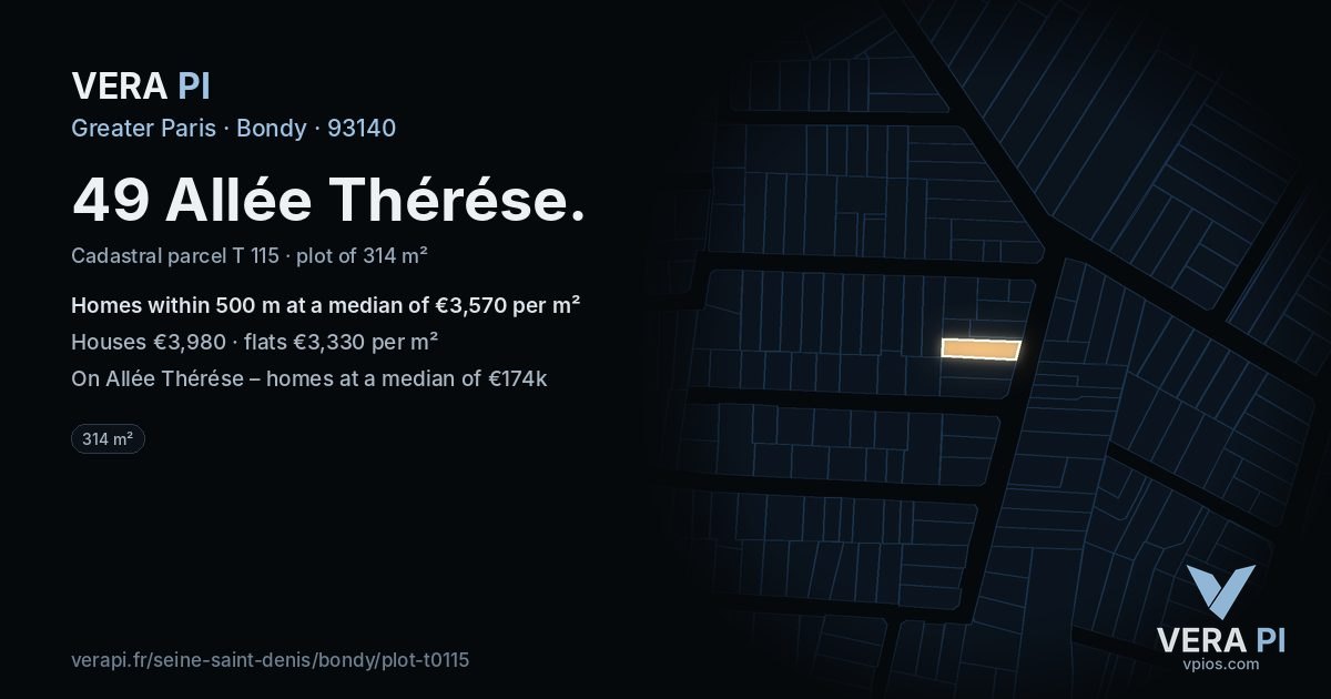 49 Allée Thérése, Bondy at night – the plot lit, the parcels around coloured by the prices near them