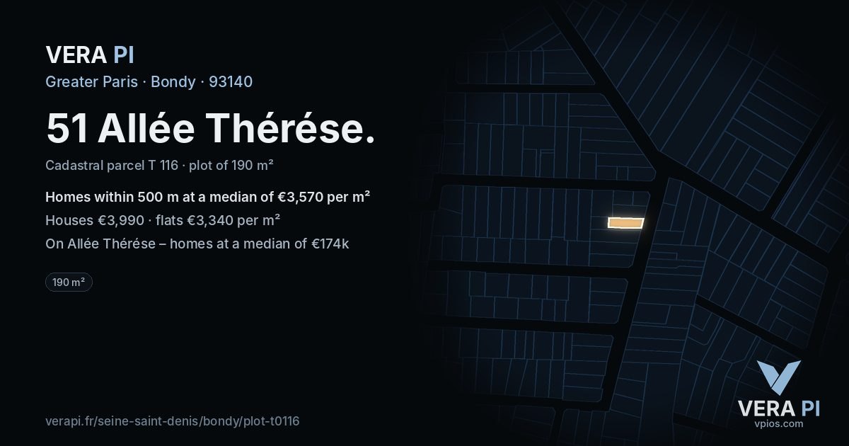 51 Allée Thérése, Bondy at night – the plot lit, the parcels around coloured by the prices near them