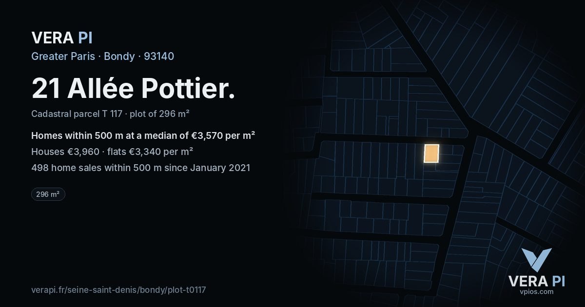 21 Allée Pottier, Bondy at night – the plot lit, the parcels around coloured by the prices near them
