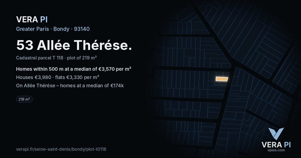 53 Allée Thérése, Bondy at night – the plot lit, the parcels around coloured by the prices near them
