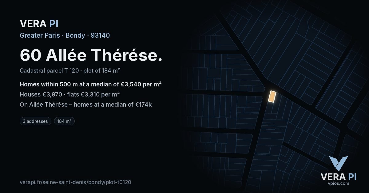 60 Allée Thérése, Bondy at night – the plot lit, the parcels around coloured by the prices near them