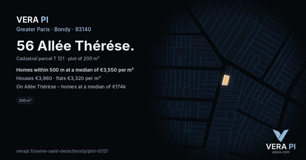 56 Allée Thérése, Bondy at night – the plot lit, the parcels around coloured by the prices near them