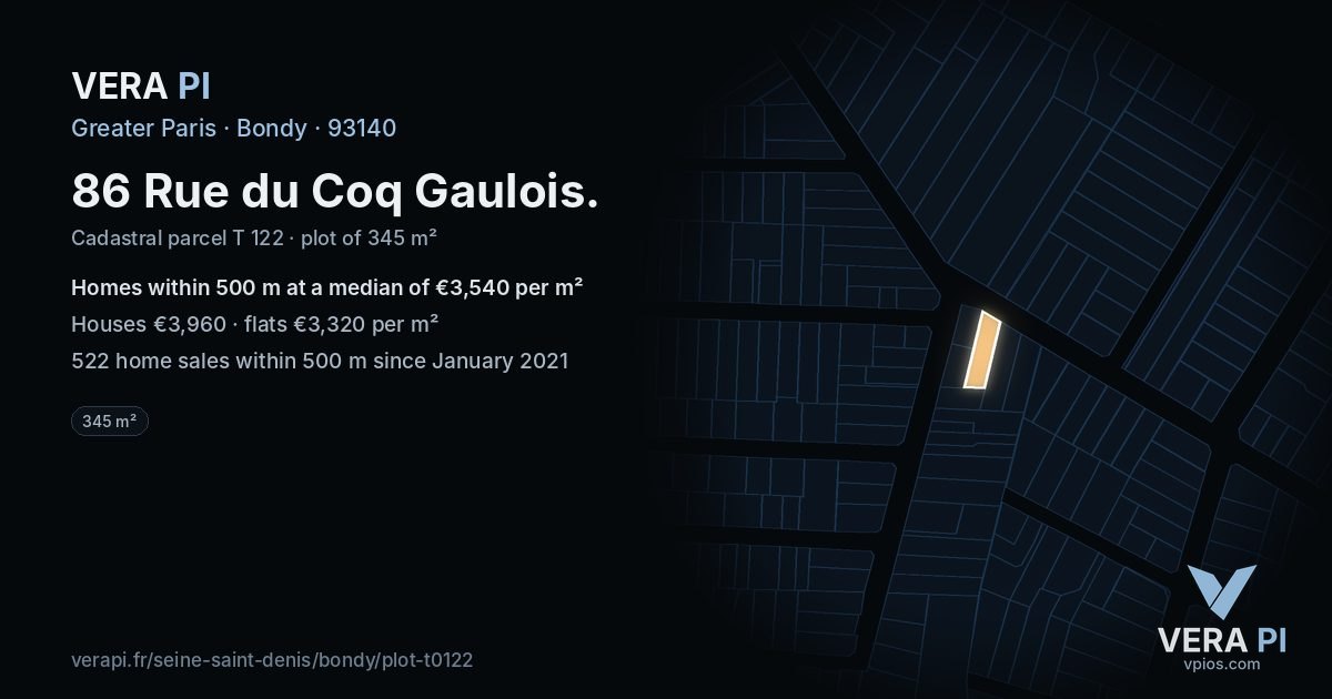 86 Rue du Coq Gaulois, Bondy at night – the plot lit, the parcels around coloured by the prices near them