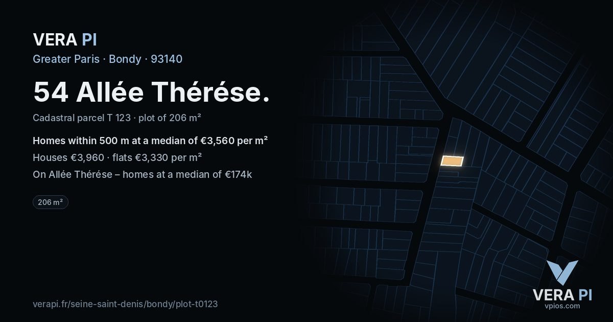 54 Allée Thérése, Bondy at night – the plot lit, the parcels around coloured by the prices near them
