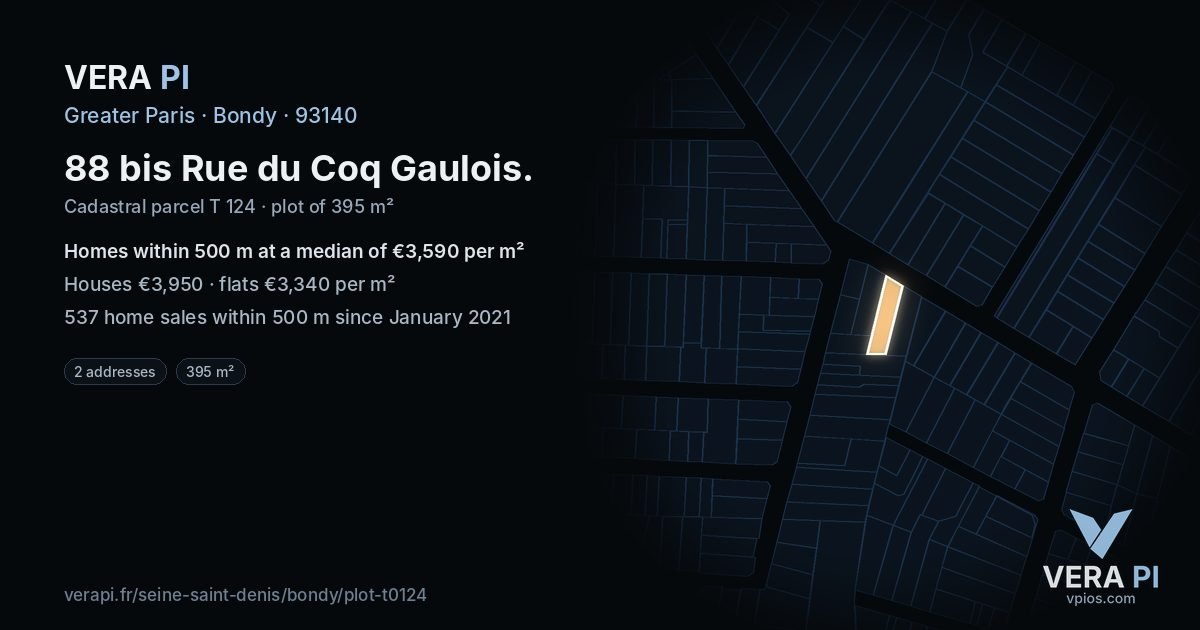 88 bis Rue du Coq Gaulois, Bondy at night – the plot lit, the parcels around coloured by the prices near them