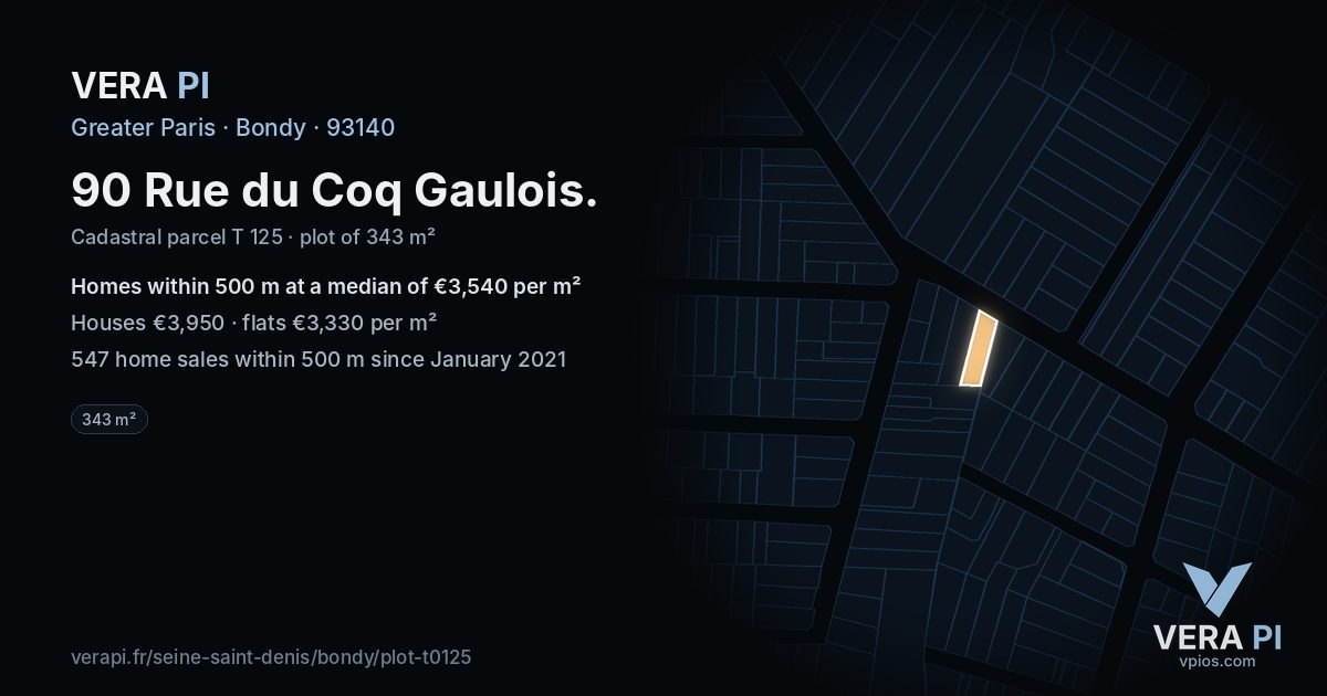 90 Rue du Coq Gaulois, Bondy at night – the plot lit, the parcels around coloured by the prices near them