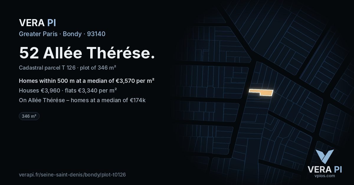 52 Allée Thérése, Bondy at night – the plot lit, the parcels around coloured by the prices near them