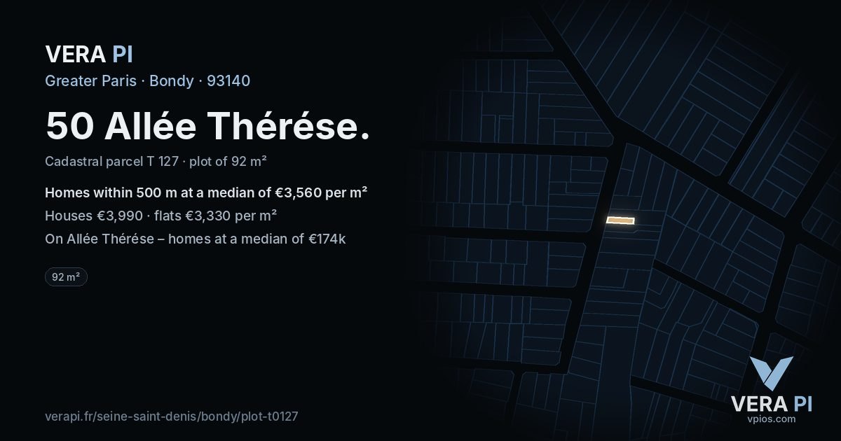 50 Allée Thérése, Bondy at night – the plot lit, the parcels around coloured by the prices near them