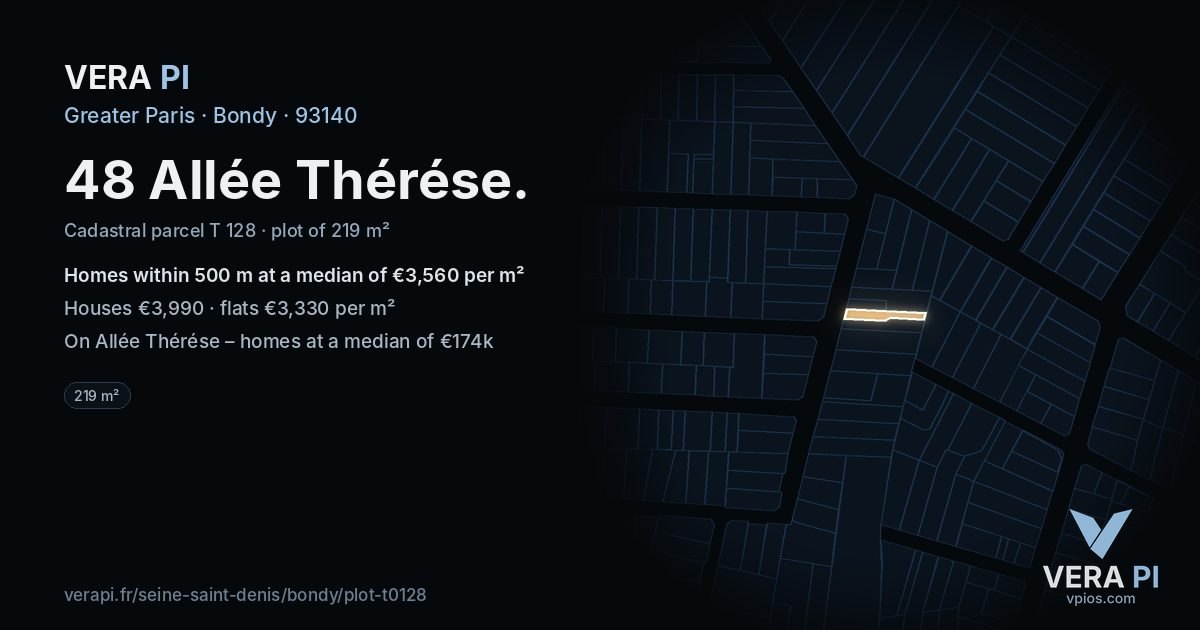 48 Allée Thérése, Bondy at night – the plot lit, the parcels around coloured by the prices near them