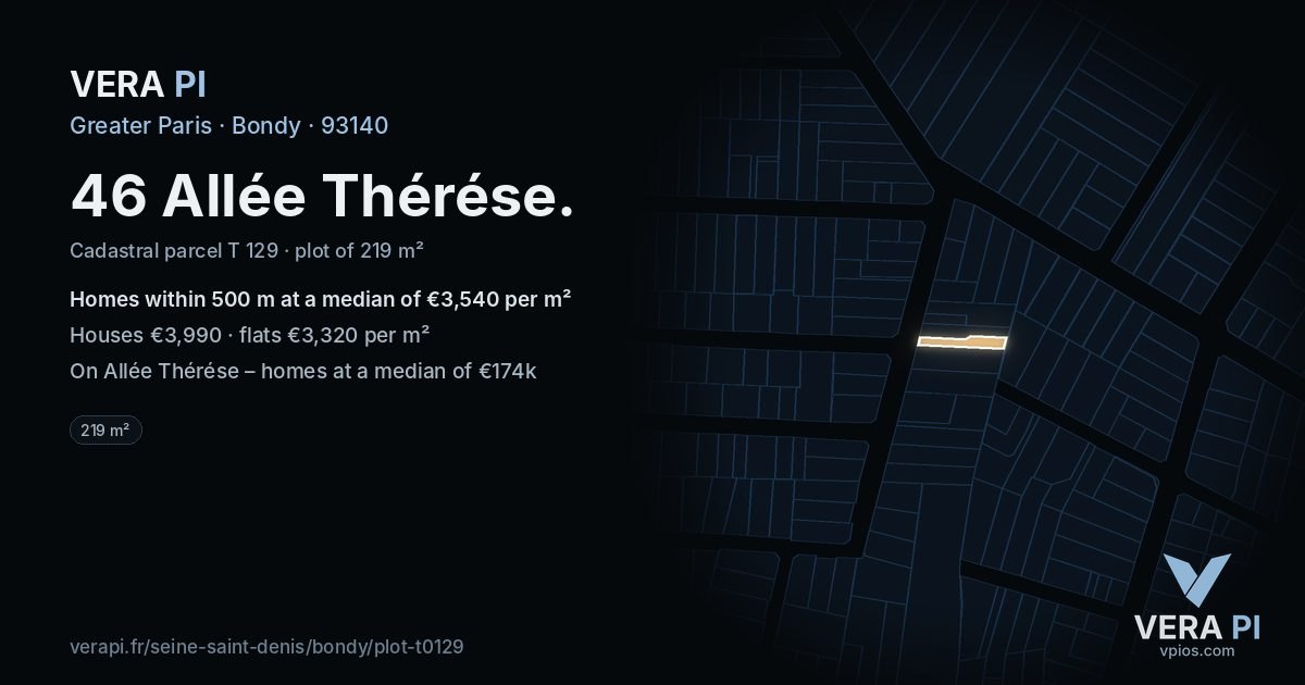 46 Allée Thérése, Bondy at night – the plot lit, the parcels around coloured by the prices near them