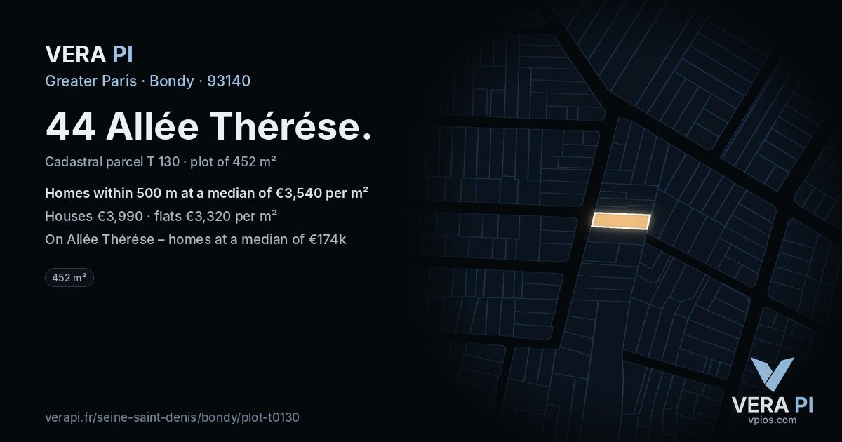 44 Allée Thérése, Bondy at night – the plot lit, the parcels around coloured by the prices near them