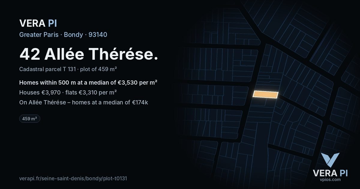 42 Allée Thérése, Bondy at night – the plot lit, the parcels around coloured by the prices near them