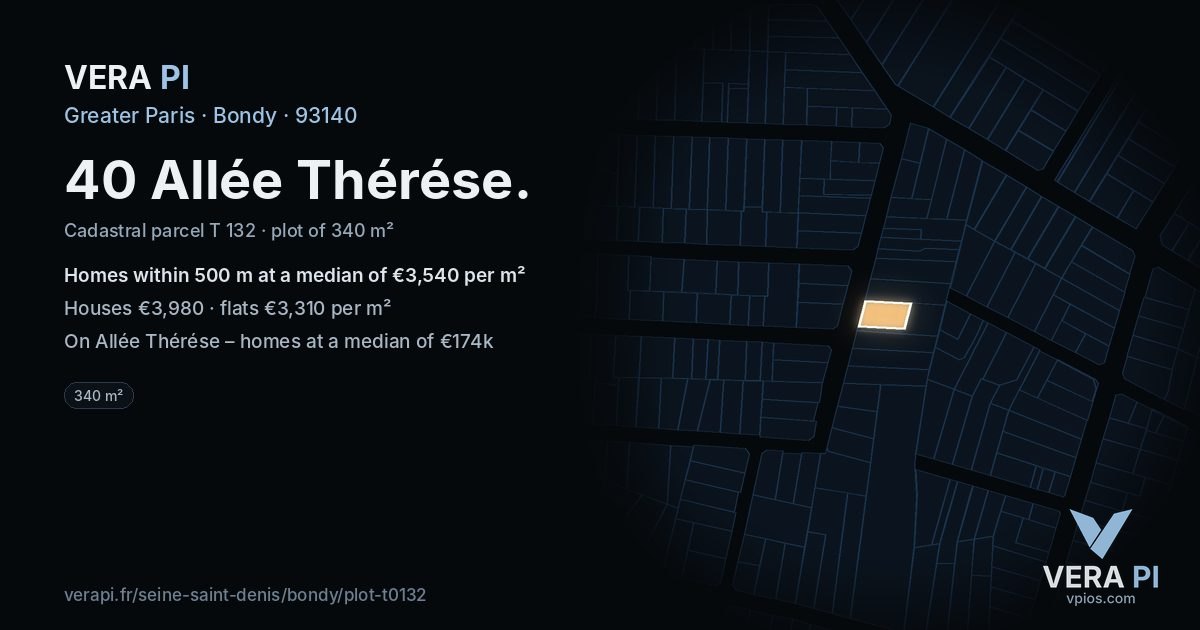 40 Allée Thérése, Bondy at night – the plot lit, the parcels around coloured by the prices near them