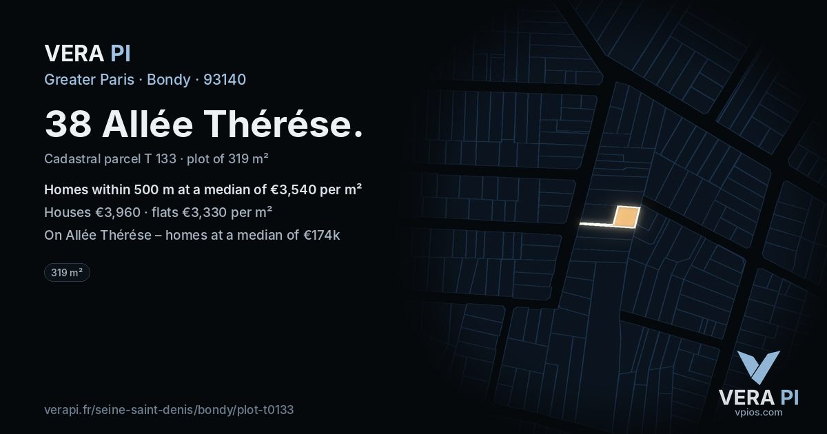38 Allée Thérése, Bondy at night – the plot lit, the parcels around coloured by the prices near them