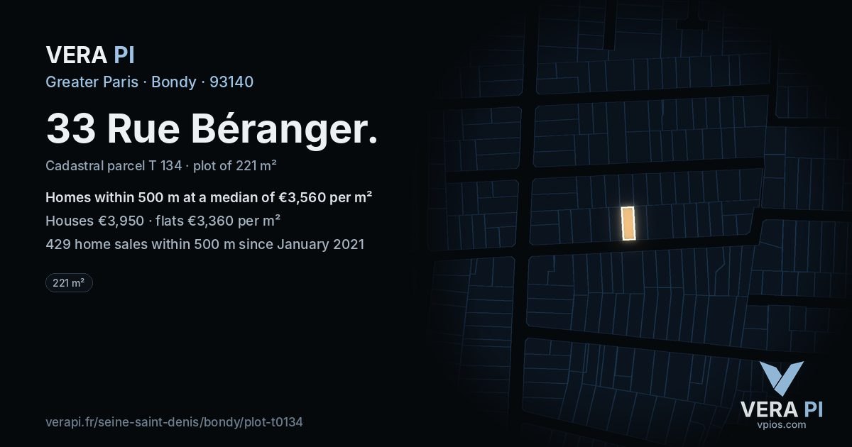 33 Rue Béranger, Bondy at night – the plot lit, the parcels around coloured by the prices near them