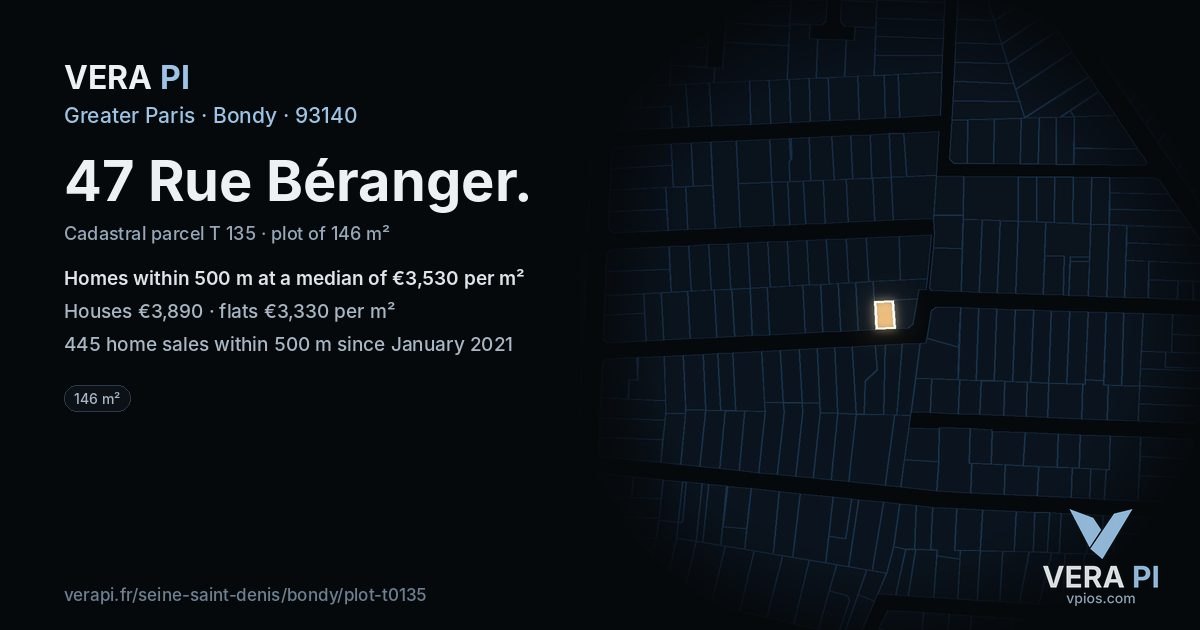 47 Rue Béranger, Bondy at night – the plot lit, the parcels around coloured by the prices near them