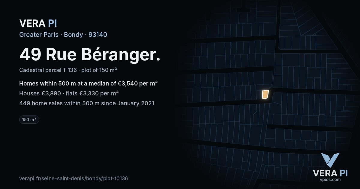 49 Rue Béranger, Bondy at night – the plot lit, the parcels around coloured by the prices near them