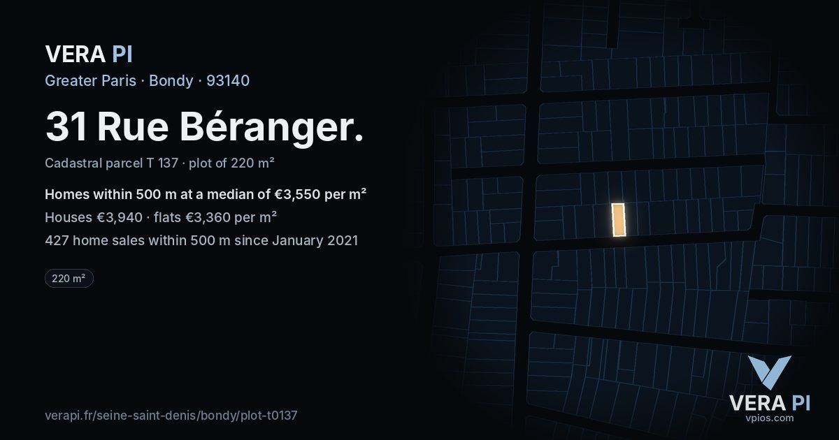 31 Rue Béranger, Bondy at night – the plot lit, the parcels around coloured by the prices near them