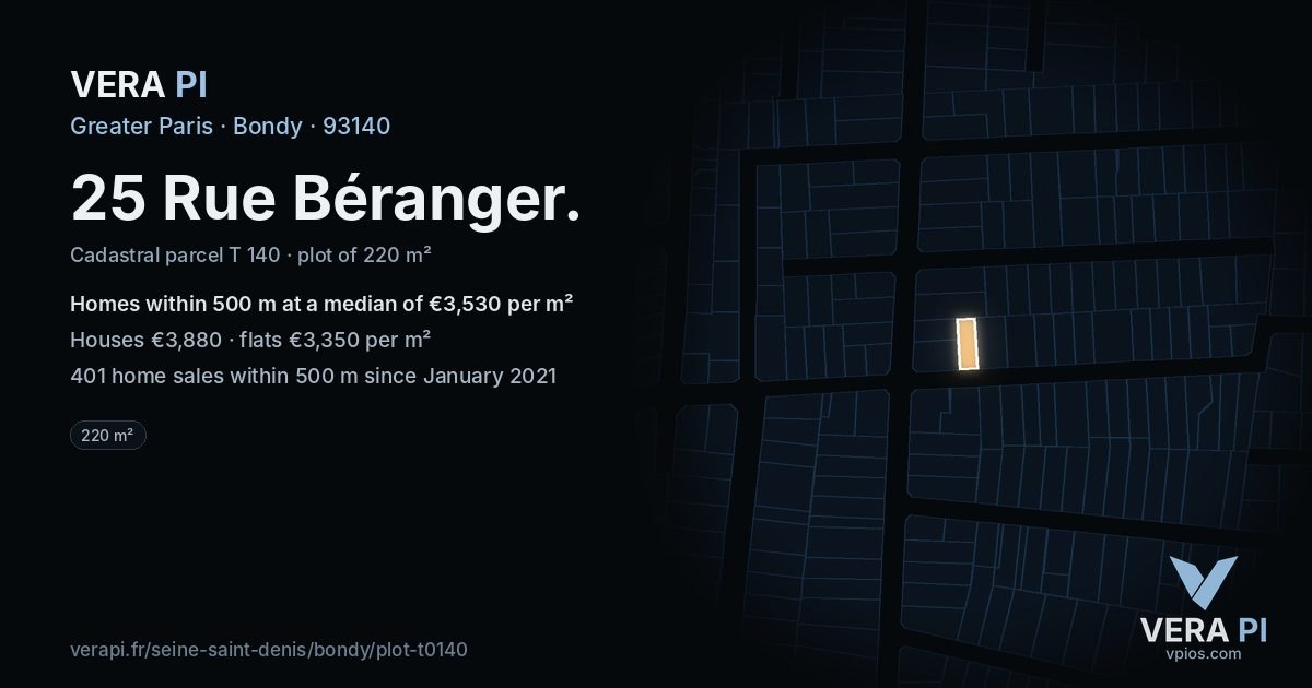 25 Rue Béranger, Bondy at night – the plot lit, the parcels around coloured by the prices near them