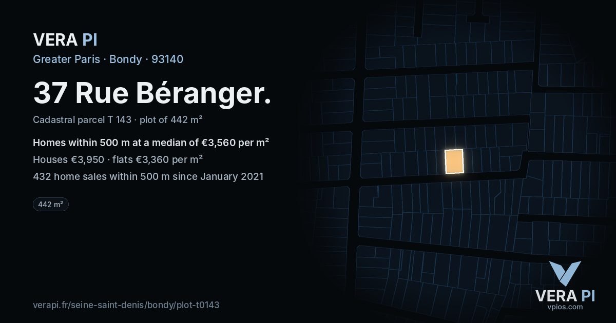 37 Rue Béranger, Bondy at night – the plot lit, the parcels around coloured by the prices near them