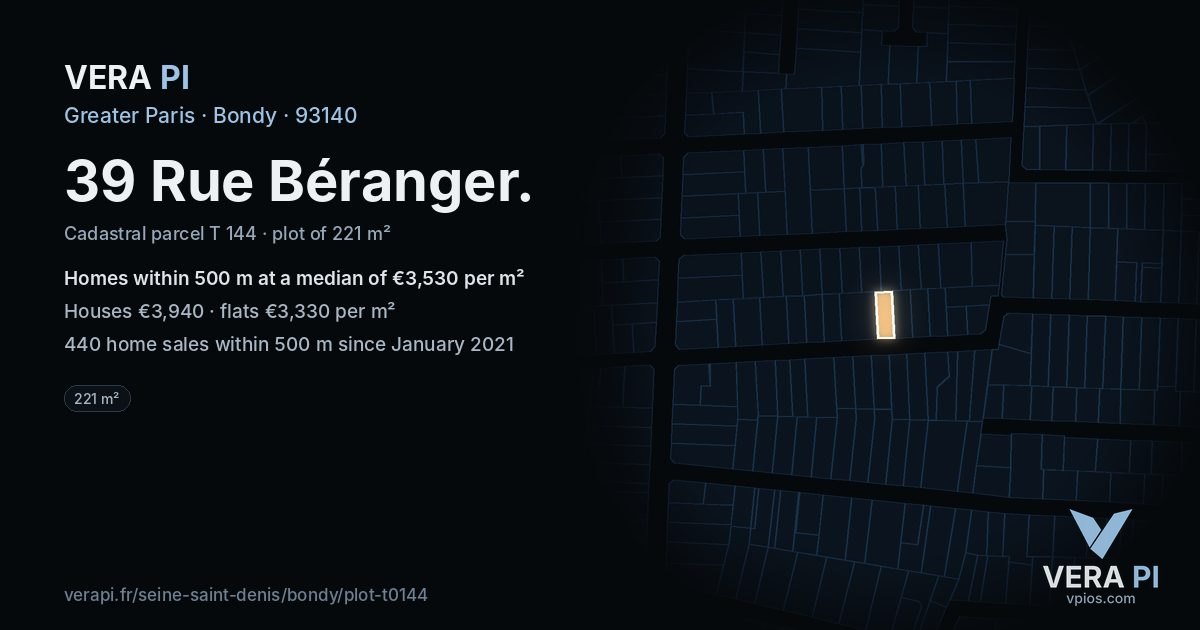 39 Rue Béranger, Bondy at night – the plot lit, the parcels around coloured by the prices near them