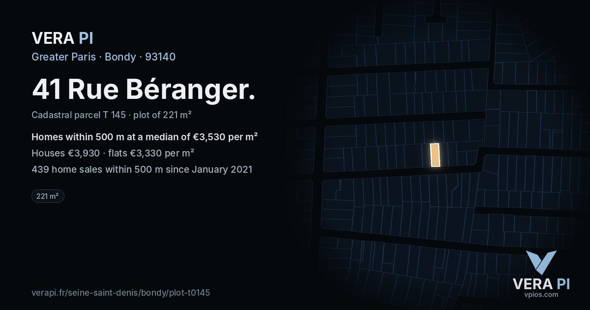 41 Rue Béranger, Bondy at night – the plot lit, the parcels around coloured by the prices near them