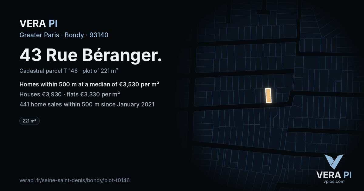 43 Rue Béranger, Bondy at night – the plot lit, the parcels around coloured by the prices near them