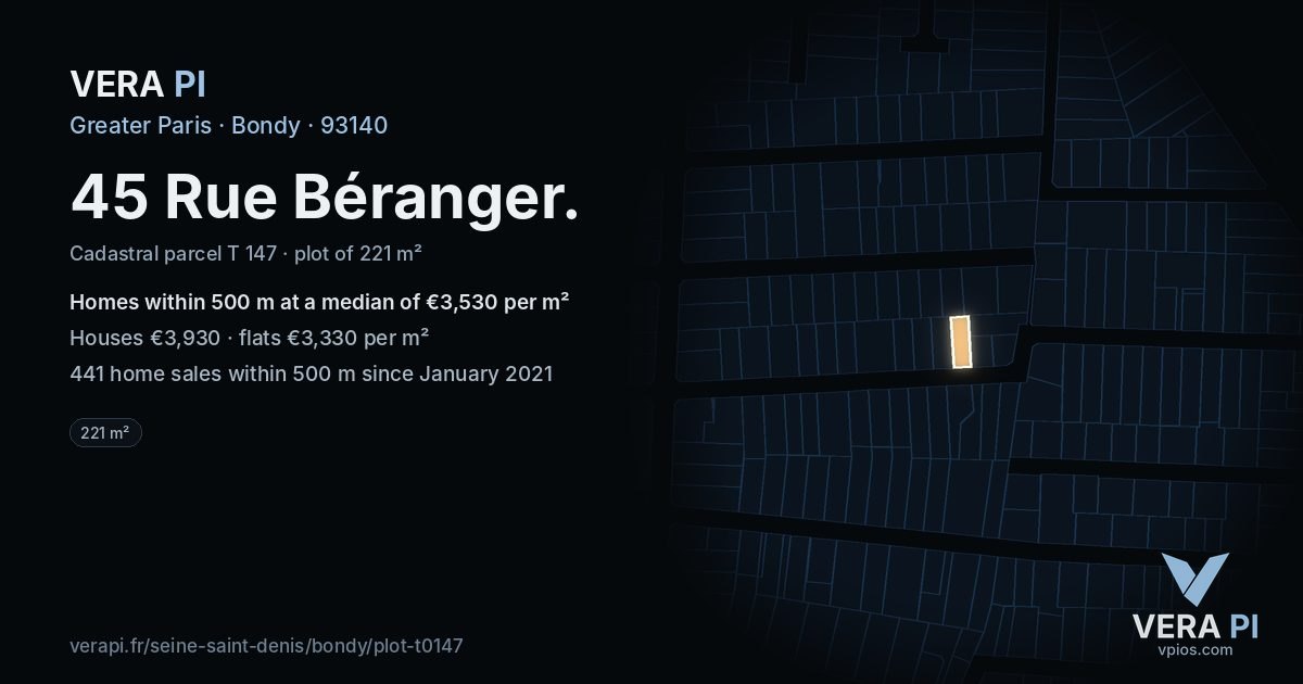 45 Rue Béranger, Bondy at night – the plot lit, the parcels around coloured by the prices near them