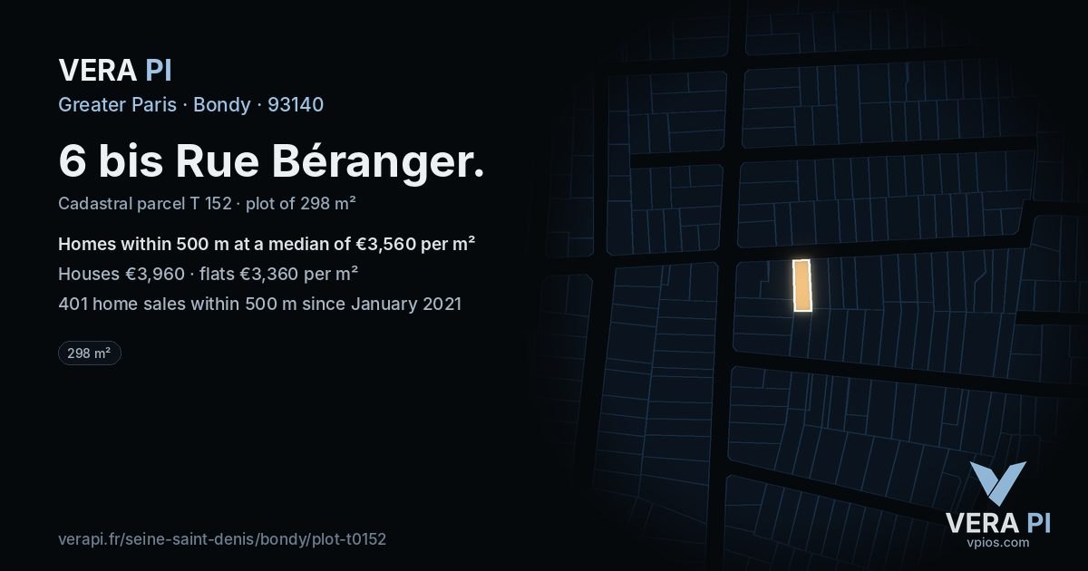 6 bis Rue Béranger, Bondy at night – the plot lit, the parcels around coloured by the prices near them