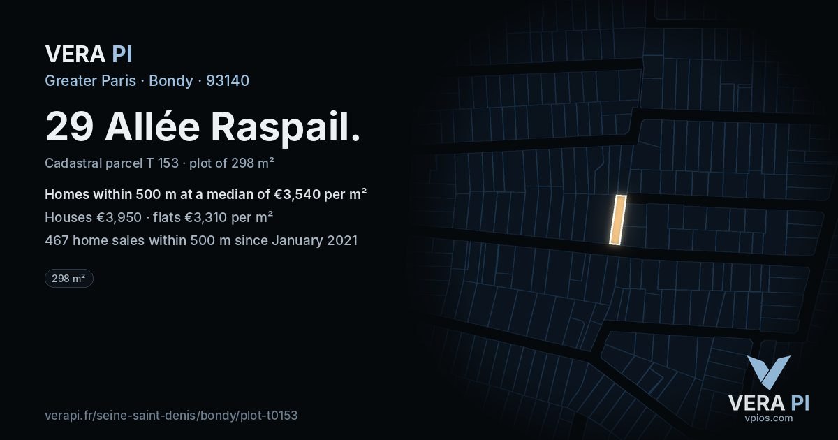 29 Allée Raspail, Bondy at night – the plot lit, the parcels around coloured by the prices near them
