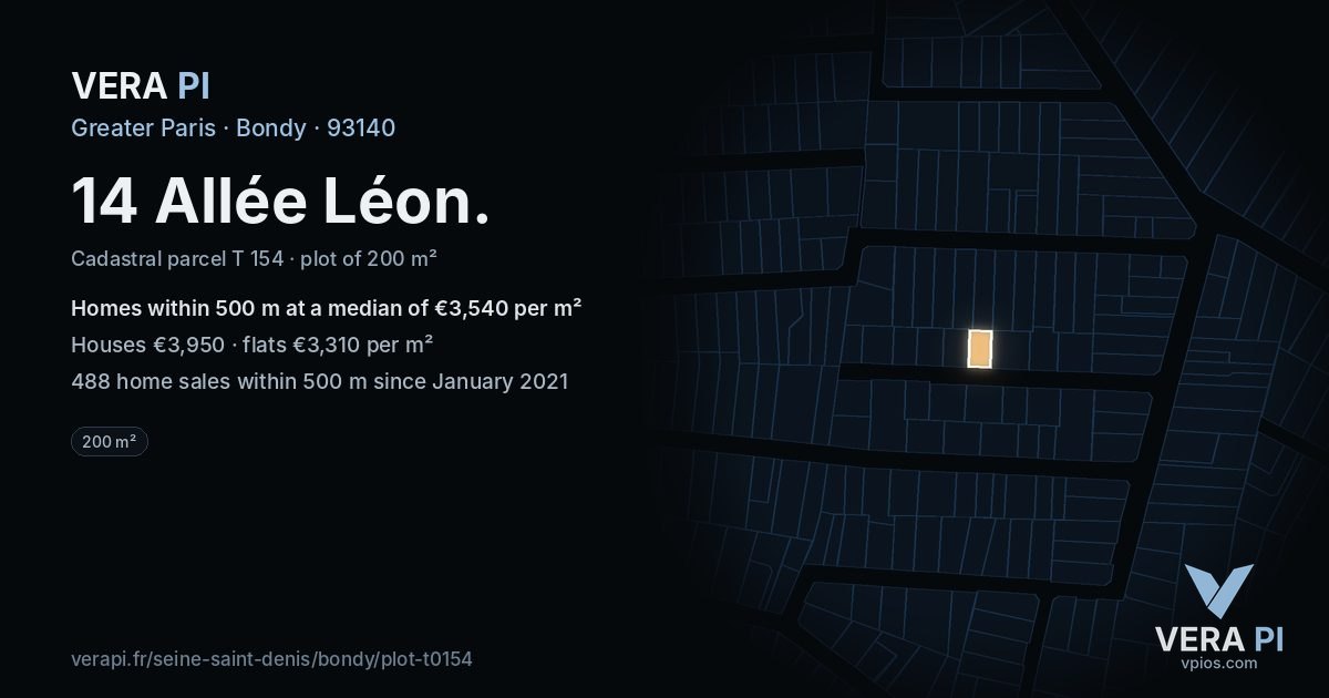 14 Allée Léon, Bondy at night – the plot lit, the parcels around coloured by the prices near them