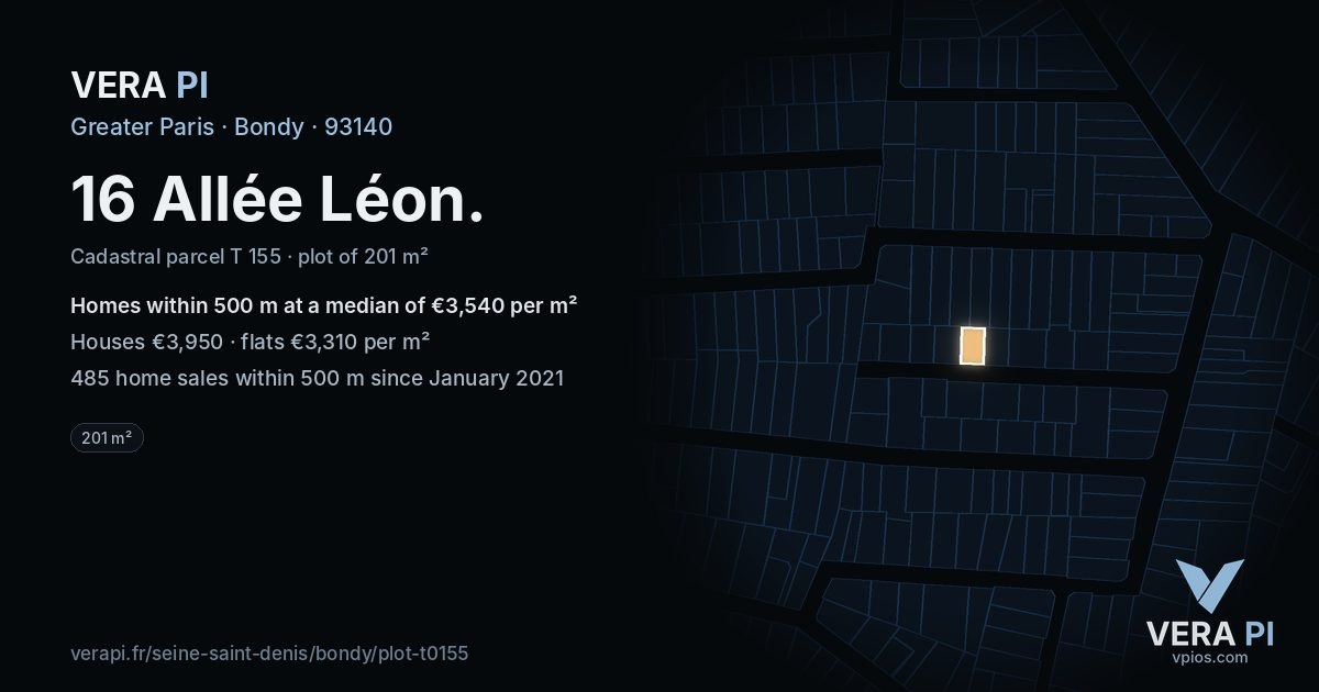16 Allée Léon, Bondy at night – the plot lit, the parcels around coloured by the prices near them
