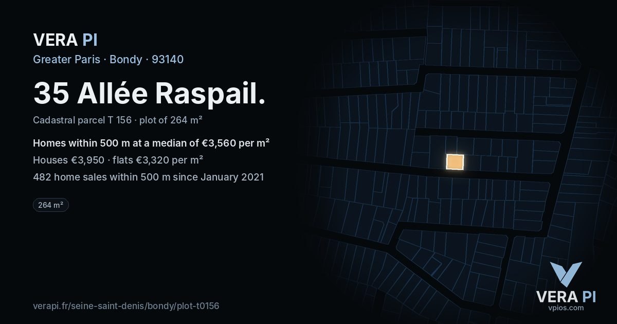 35 Allée Raspail, Bondy at night – the plot lit, the parcels around coloured by the prices near them