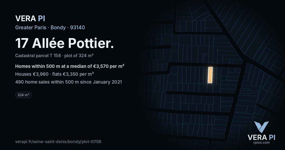 17 Allée Pottier, Bondy at night – the plot lit, the parcels around coloured by the prices near them
