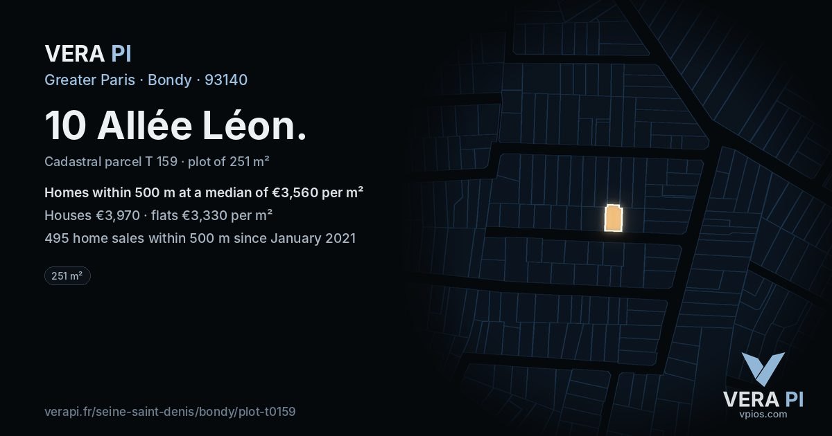 10 Allée Léon, Bondy at night – the plot lit, the parcels around coloured by the prices near them