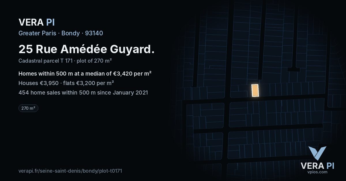 25 Rue Amédée Guyard, Bondy at night – the plot lit, the parcels around coloured by the prices near them