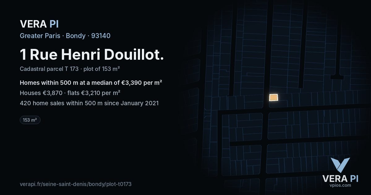 1 Rue Henri Douillot, Bondy at night – the plot lit, the parcels around coloured by the prices near them