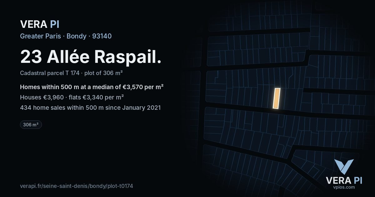 23 Allée Raspail, Bondy at night – the plot lit, the parcels around coloured by the prices near them