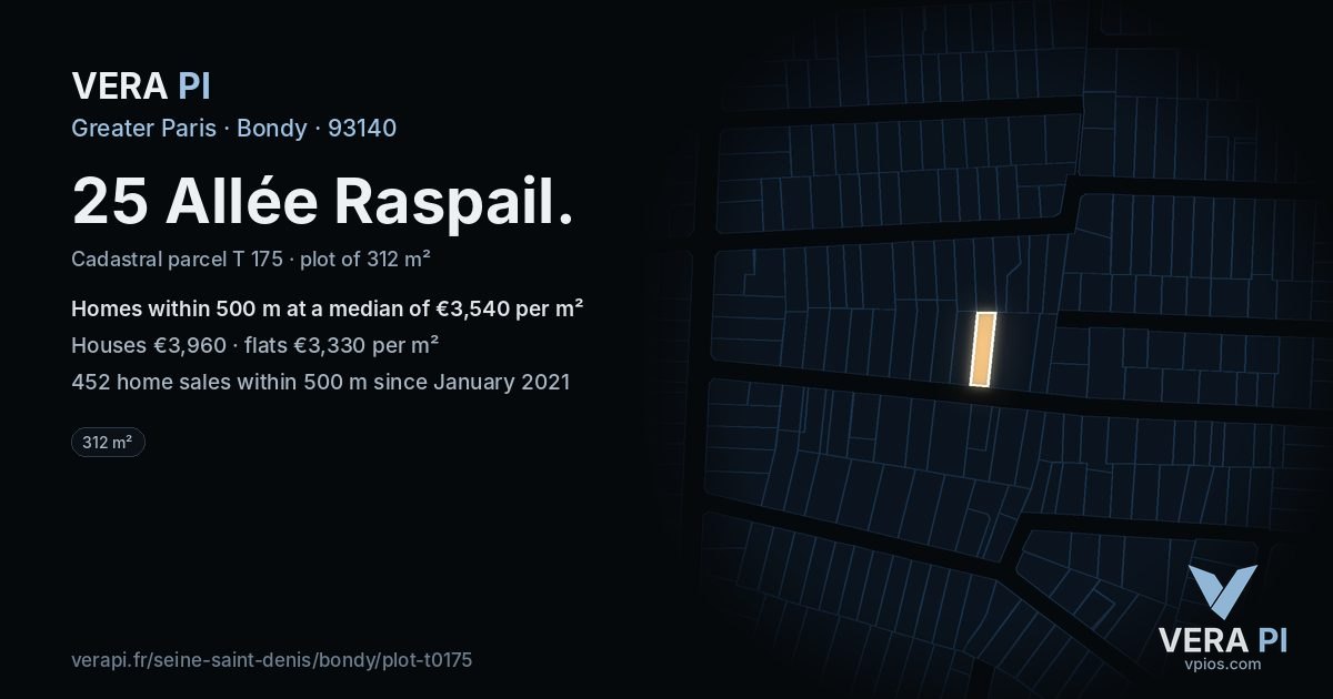 25 Allée Raspail, Bondy at night – the plot lit, the parcels around coloured by the prices near them