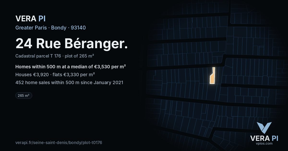 24 Rue Béranger, Bondy at night – the plot lit, the parcels around coloured by the prices near them