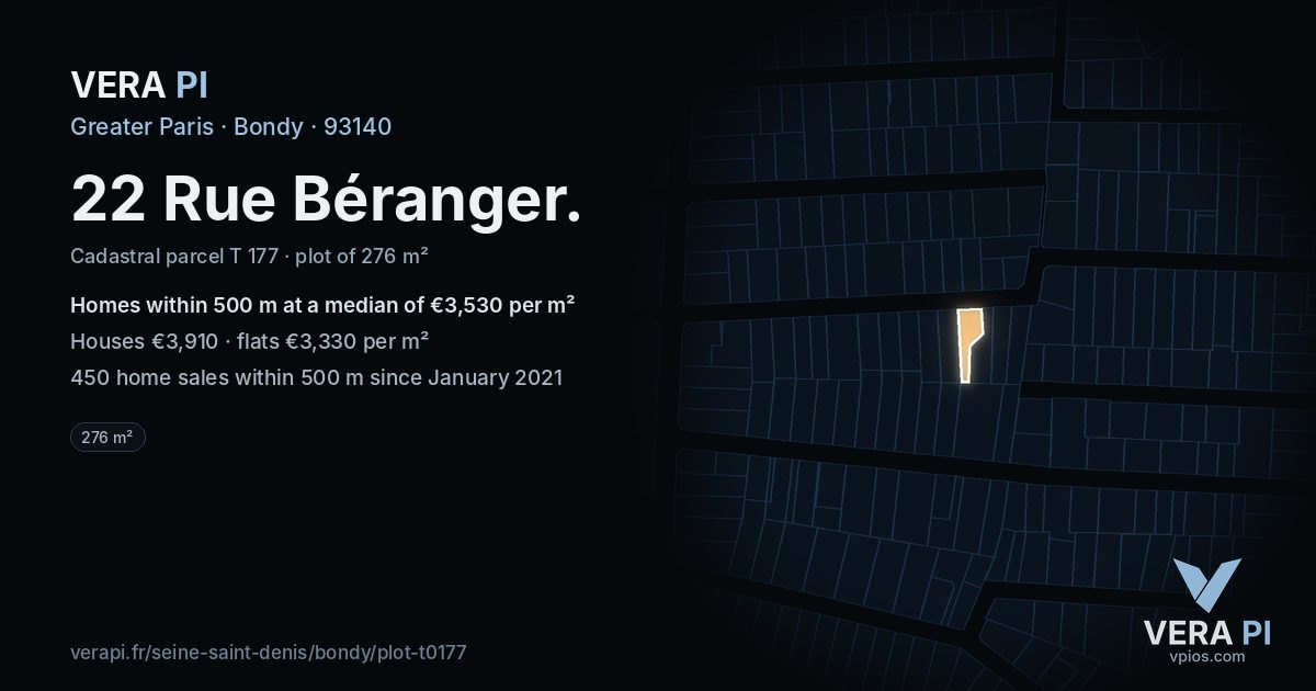 22 Rue Béranger, Bondy at night – the plot lit, the parcels around coloured by the prices near them