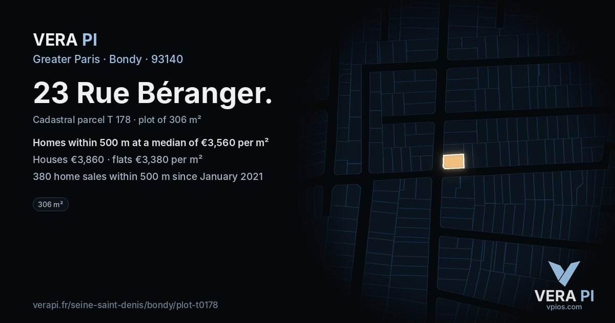 23 Rue Béranger, Bondy at night – the plot lit, the parcels around coloured by the prices near them