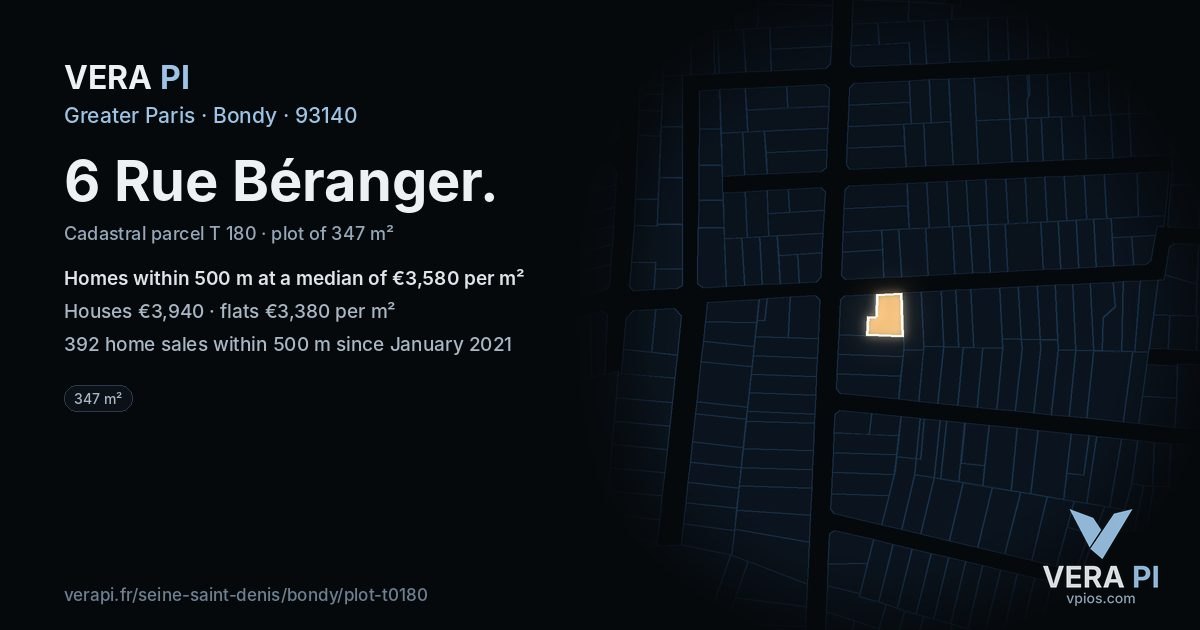 6 Rue Béranger, Bondy at night – the plot lit, the parcels around coloured by the prices near them